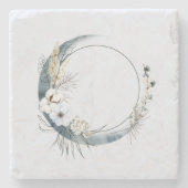 Blauwe halve maan met witte bloemen stenen onderzetter (Voorkant)