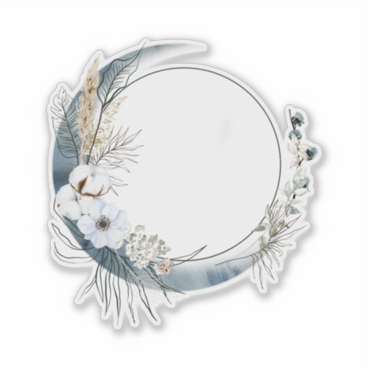 Blauwe halve maan met witte bloemen sticker (Voorkant)