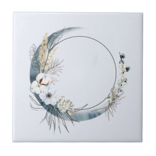 Blauwe halve maan met witte bloemen tegeltje