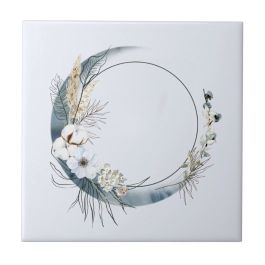 Blauwe halve maan met witte bloemen tegeltje (Voorkant)