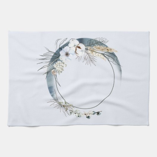 Blauwe halve maan met witte bloemen theedoek (Horizontaal)