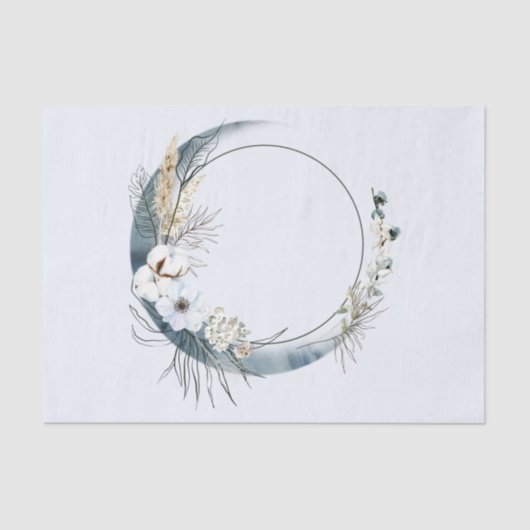 Blauwe halve maan met witte bloemen tissuepapier (Voorkant)