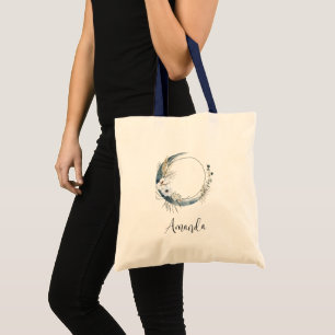 Blauwe halve maan met witte bloemen tote bag