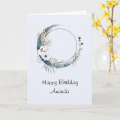 Blauwe Halve Maan met Witte bloemen Verjaardag Kaart (Gele Bloem)