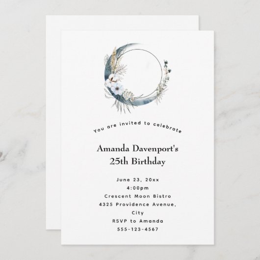 Blauwe Halve Maan met Witte bloemen Verjaardag Kaart (Voorkant / Achterkant)