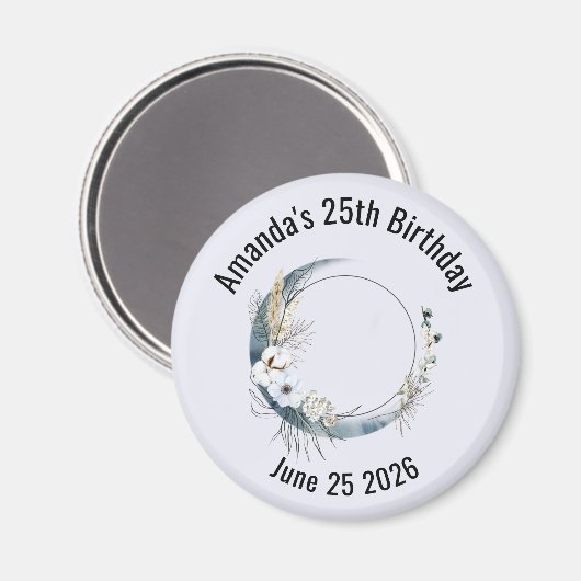 Blauwe Halve Maan met Witte bloemen Verjaardag Magneet (Voorkant / Achterkant)