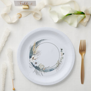 Blauwe Halve Maan met Witte bloemen Verjaardag Papieren Bordje