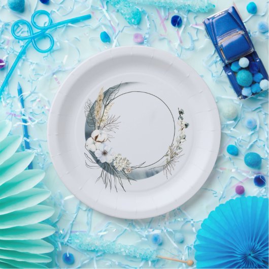 Blauwe Halve Maan met Witte bloemen Verjaardag Papieren Bordje (Feest)