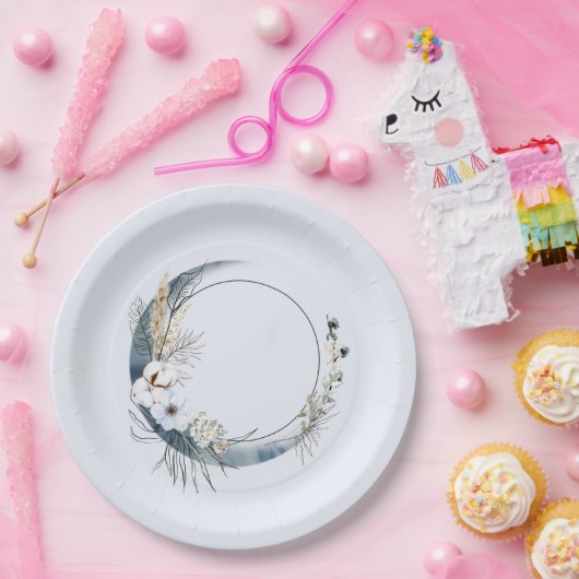 Blauwe Halve Maan met Witte bloemen Verjaardag Papieren Bordje (Feest)