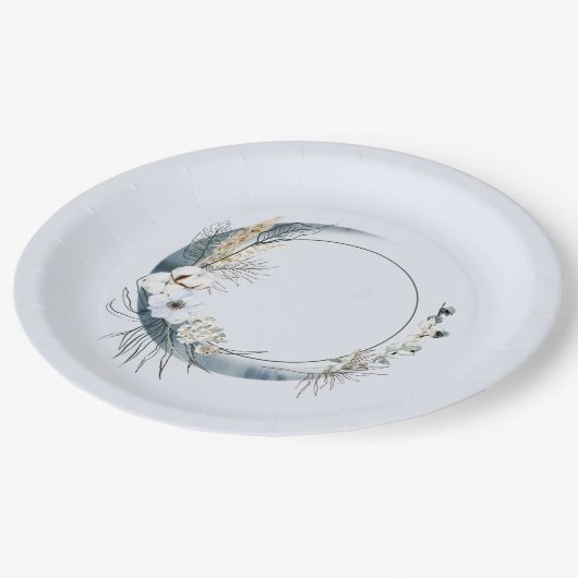 Blauwe Halve Maan met Witte bloemen Verjaardag Papieren Bordje (Gekanteld)