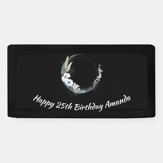 Blauwe Halve Maan met Witte bloemen Verjaardag Spandoek (Horizontaal)