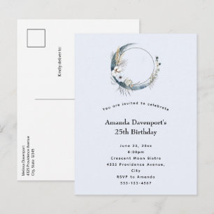 Blauwe Halve Maan met Witte bloemen Verjaardag Uitnodiging Briefkaart