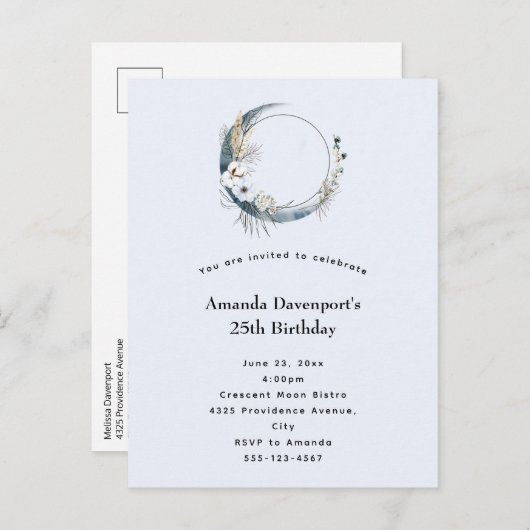Blauwe Halve Maan met Witte bloemen Verjaardag Uitnodiging Briefkaart (Voorkant / Achterkant)