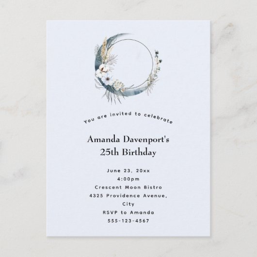 Blauwe Halve Maan met Witte bloemen Verjaardag Uitnodiging Briefkaart (Voorkant)