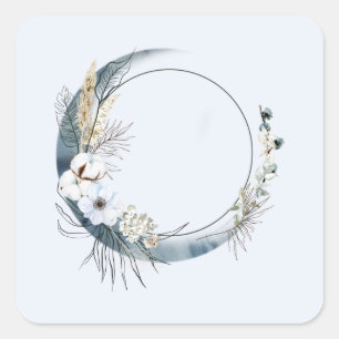 Blauwe halve maan met witte bloemen vierkante sticker
