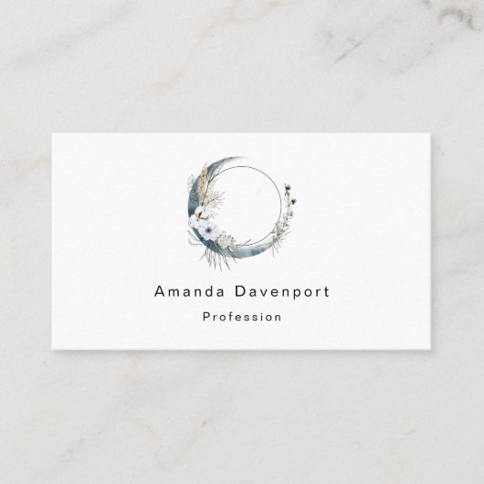 Blauwe halve maan met witte bloemen visitekaartje (Voorkant)