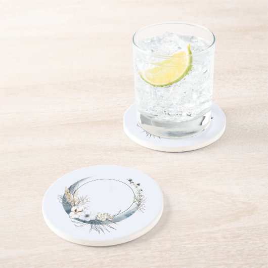 Blauwe halve maan met witte bloemen zandsteen onderzetter (Zijkant)