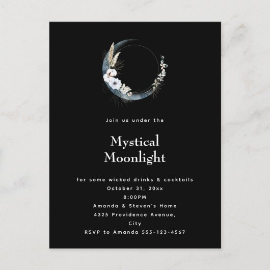 Blauwe Halve Maan Witte Bloemen Halloween Party Uitnodiging Briefkaart (Voorkant)