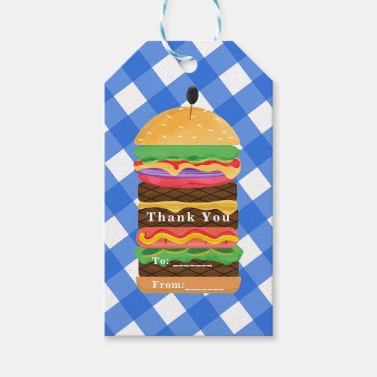 Blauwe Hamburger Zomer Kookfeest Barbecue BBQ Fees Cadeaulabel (Voorkant)