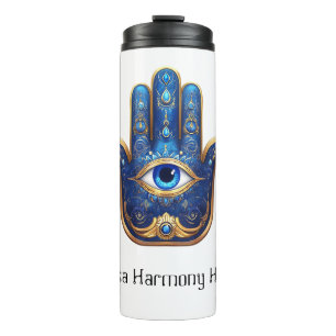 Blauwe Hamsa Hand met Evil Eye Symbool Thermosbeker