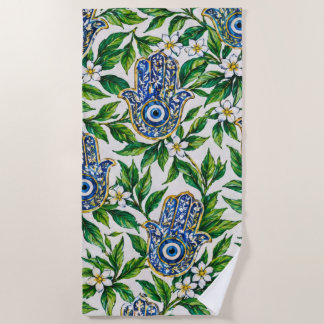 Blauwe Hamsa Hand van Fatima Bloempatroon Strandlaken