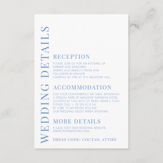 Blauwe hand geschilderde bloemenbruiloft details k informatiekaartje (Voorkant)