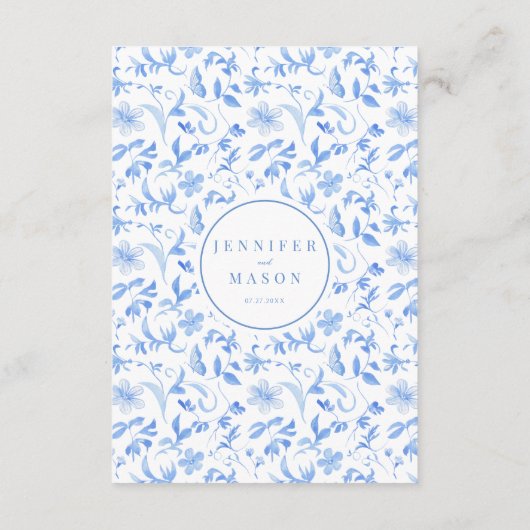 Blauwe hand geschilderde bloemenbruiloft details k informatiekaartje (Achterkant)