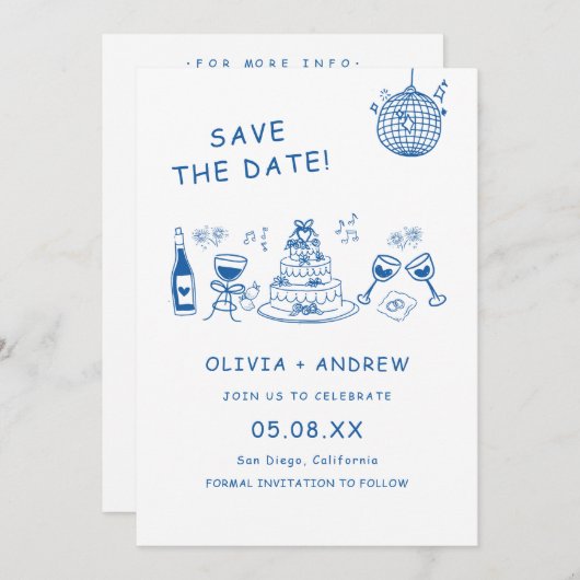 Blauwe hand getekend grillige bruiloft Save the da Kaart (Voorkant / Achterkant)