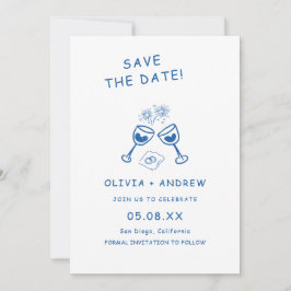 Blauwe hand getekend grillige bruiloft Save the da Kaart