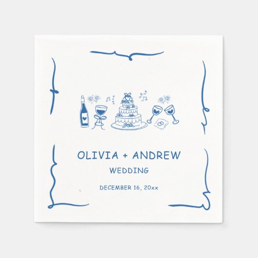 Blauwe hand getekend grillige bruiloft servet (Voorkant)