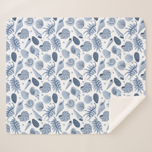 Blauwe hand getekende zeeschelpen op wit sherpa deken (Voorkant (horizontaal))