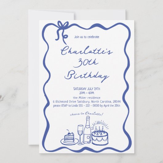 BLAUWE Hand Getrokken 30ste Verjaardag Uitnodiging (Voorkant)