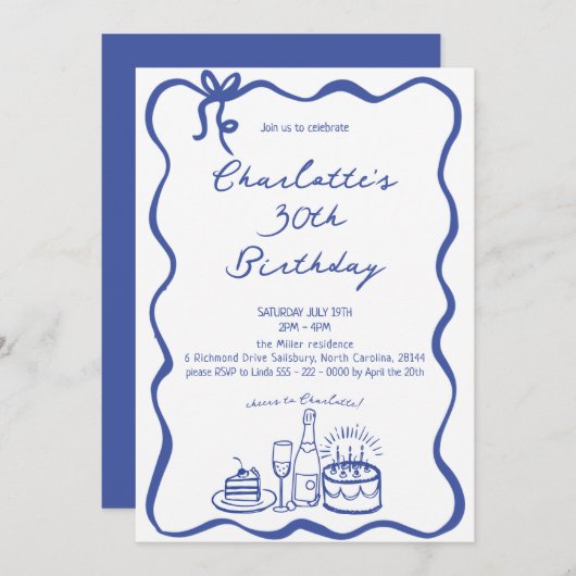 BLAUWE Hand Getrokken 30ste Verjaardag Uitnodiging (Voorkant / Achterkant)