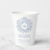 Blauwe hand getrokken bladmonogram kunst bruiloft  papieren bekers (Voorkant)