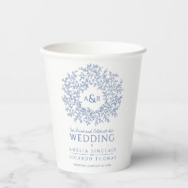 Blauwe hand getrokken bladmonogram kunst bruiloft  papieren bekers