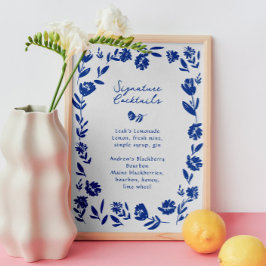 Blauwe Hand getrokken Bloem Signature Cocktail tek Foto Afdruk