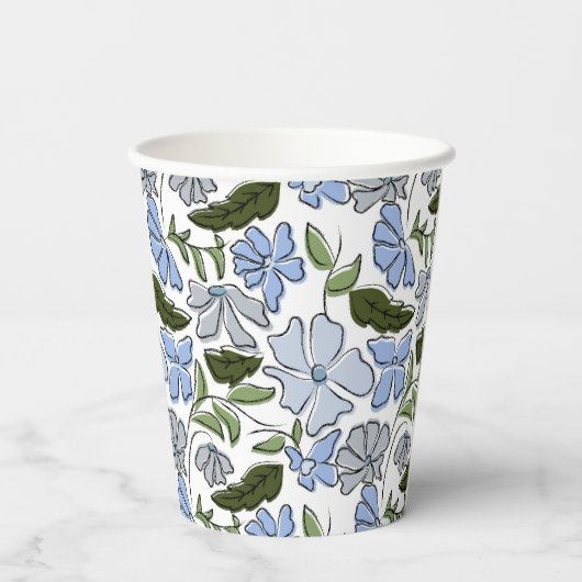 Blauwe Hand Getrokken Bloemblok Print Papieren Bekers (Achterkant)