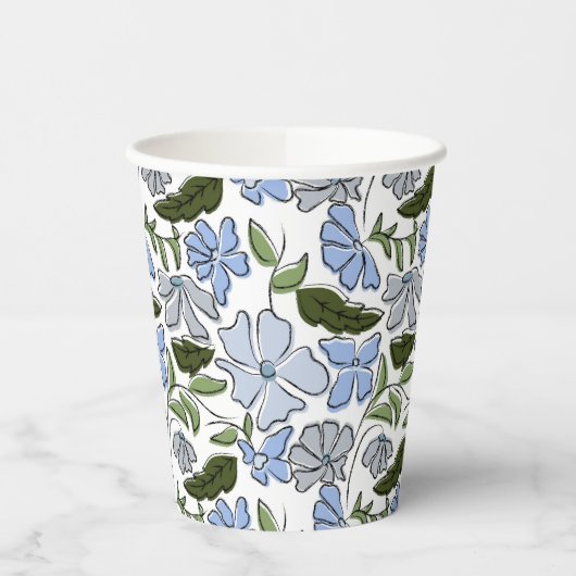 Blauwe Hand Getrokken Bloemblok Print Papieren Bekers (Links)