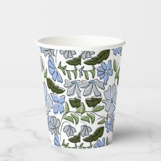 Blauwe Hand Getrokken Bloemblok Print Papieren Bekers (Rechts)