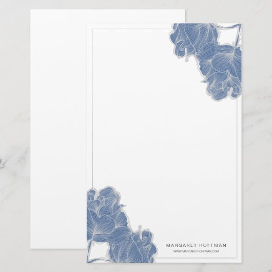 Blauwe Hand Getrokken Bloemen Pioenen Stationery Briefpapier (Voorkant / Achterkant)