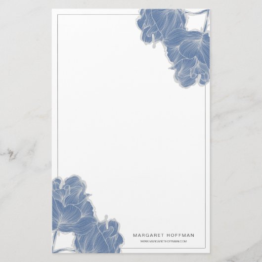 Blauwe Hand Getrokken Bloemen Pioenen Stationery Briefpapier (Voorkant)