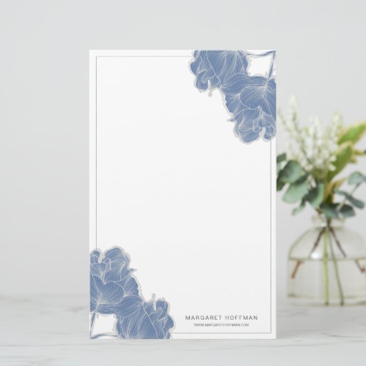 Blauwe Hand Getrokken Bloemen Pioenen Stationery Briefpapier (Staand voorkant)