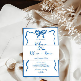 Blauwe Hand Getrokken Boog Lint Sketch Wedding Uitnodigingen Wikkel
