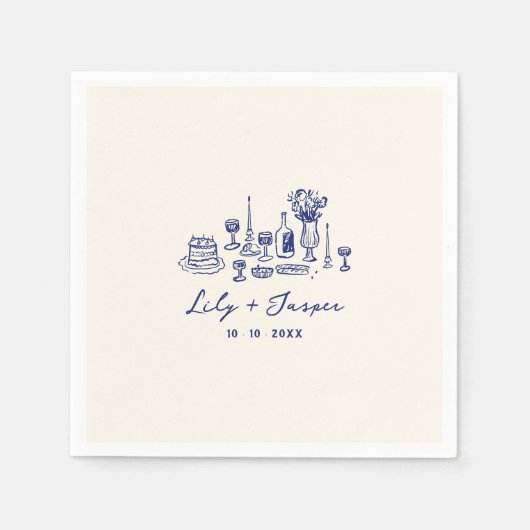 Blauwe Hand getrokken bruiloft Servet (Voorkant)