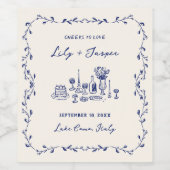 Blauwe Hand getrokken bruiloft Wijn Etiket (Enkel label)