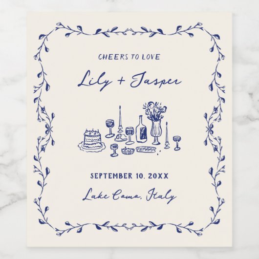 Blauwe Hand getrokken bruiloft Wijn Etiket (Enkel label)