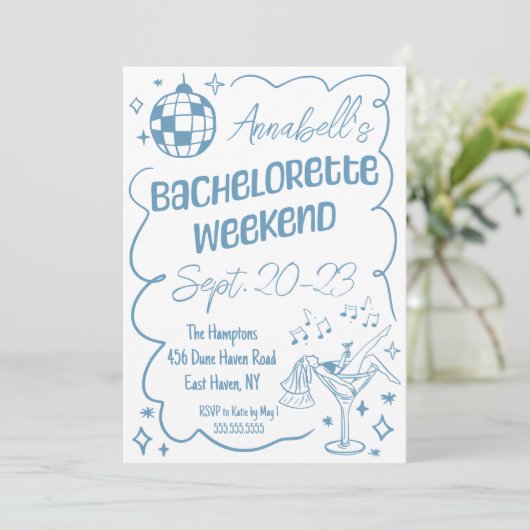 Blauwe Hand getrokken Disco Bachelorette Party Wee Kaart (Staand voorkant)