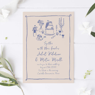 Blauwe Hand Getrokken Doodle Voedsel en Drink brui Kaart