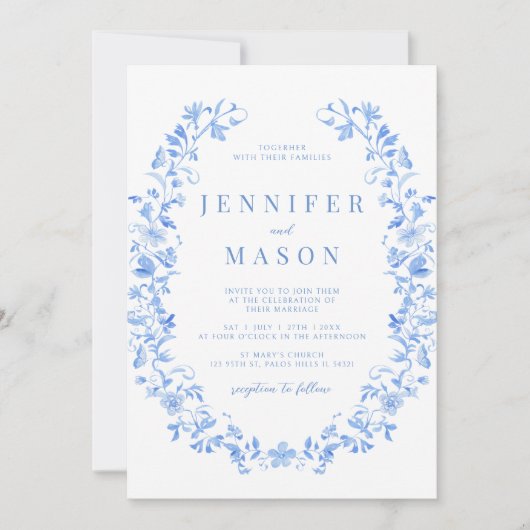 Blauwe hand getrokken folk bloemenbruiloft uitnodi kaart (Voorkant)