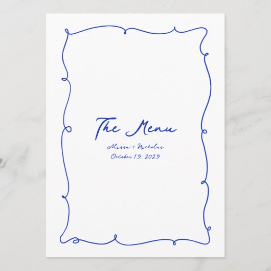 Blauwe Hand Getrokken Golvende Rand & Script Bruil Menu (Achterkant)